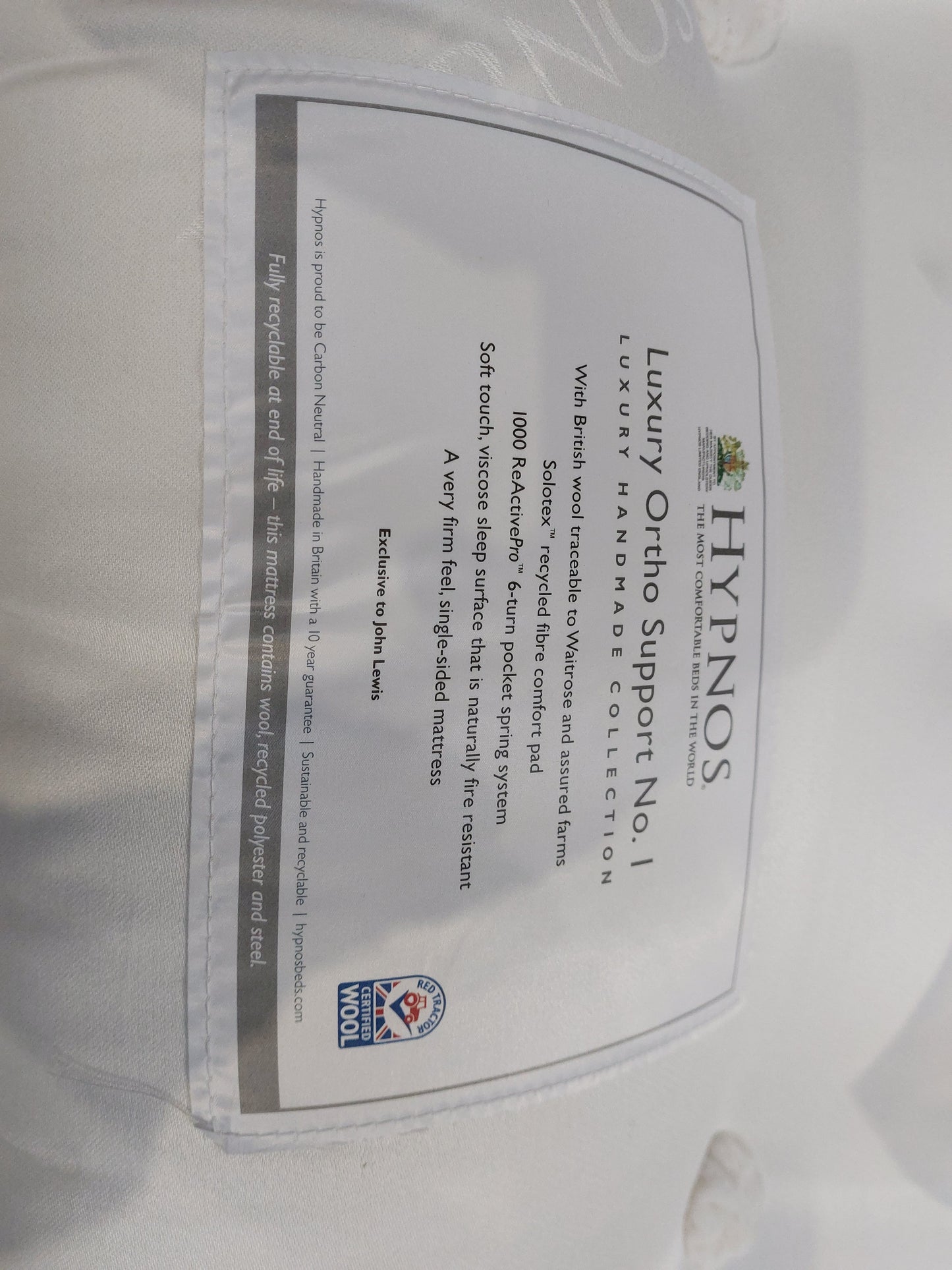 Hypnos Luxury Ortho Support No. 1 Pocket Spring Mattress Extra Firm Tension King Size