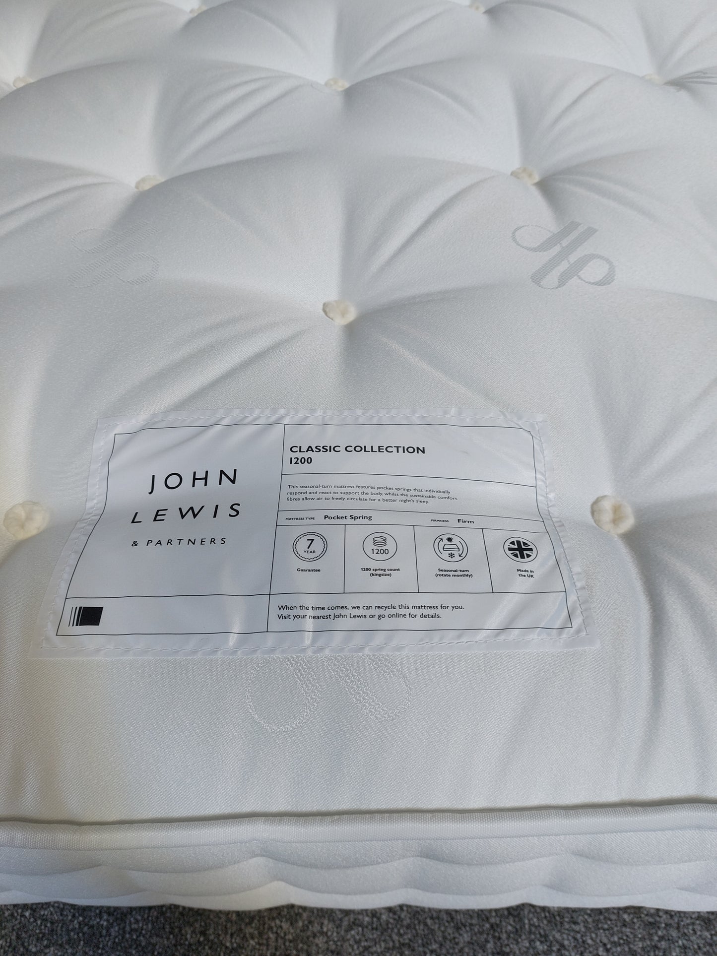 John Lewis Classic Collection 1200 Pocket Spring Mattress, Firm Tension, Double