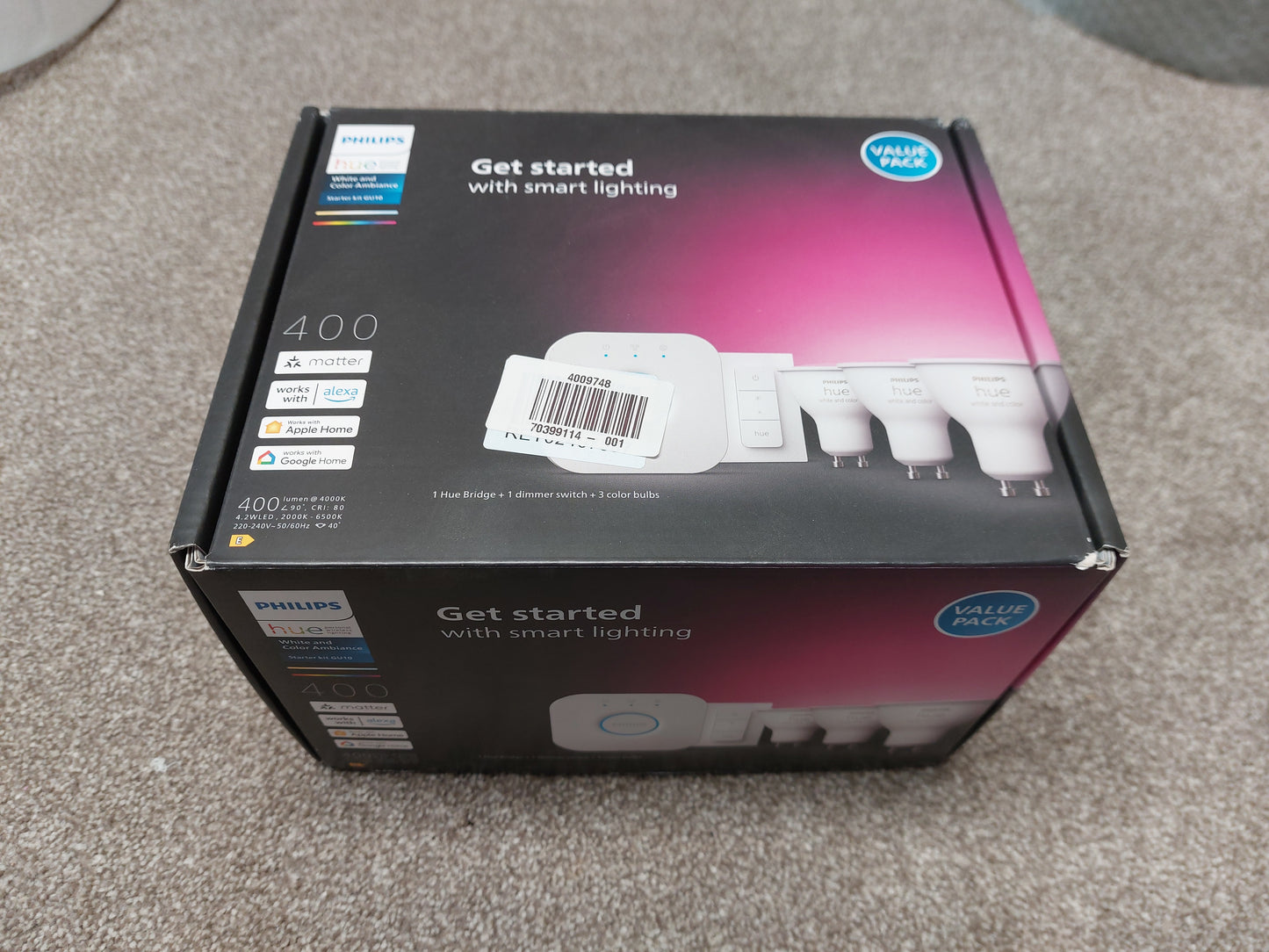 Philips Hue White and Colour Ambiance Wireless Lighting LED Starter Kit with 3x GU10 Bulbs with Bluetooth, Dimmer Switch & Bridge