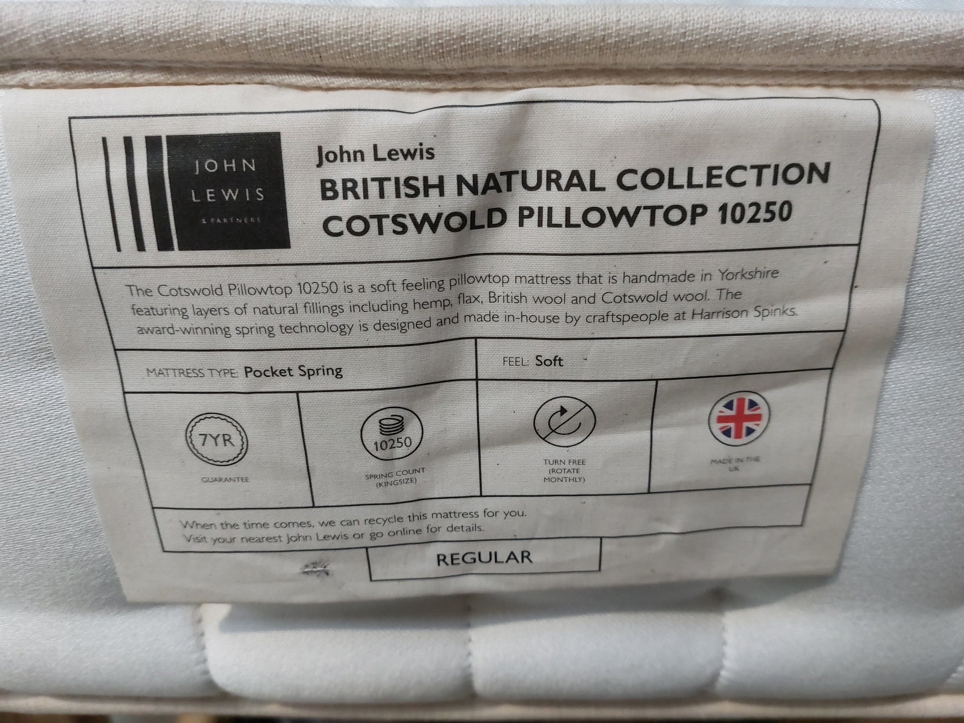 John Lewis British Natural Collection Cotswold Pillowtop 10250 Mattress, Regular Tension, King Size