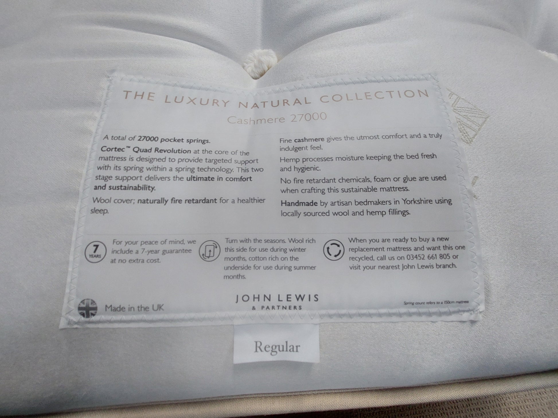 JOHN LEWIS Cashmere 27000 Mattress ZIP LINK 180 x 200cm Superking Pocket