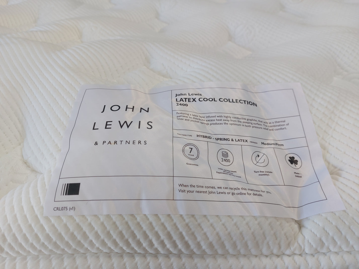 John Lewis Mattress  Super King Latex Cool Collection 2400 Pocket Spring Medium/Firm