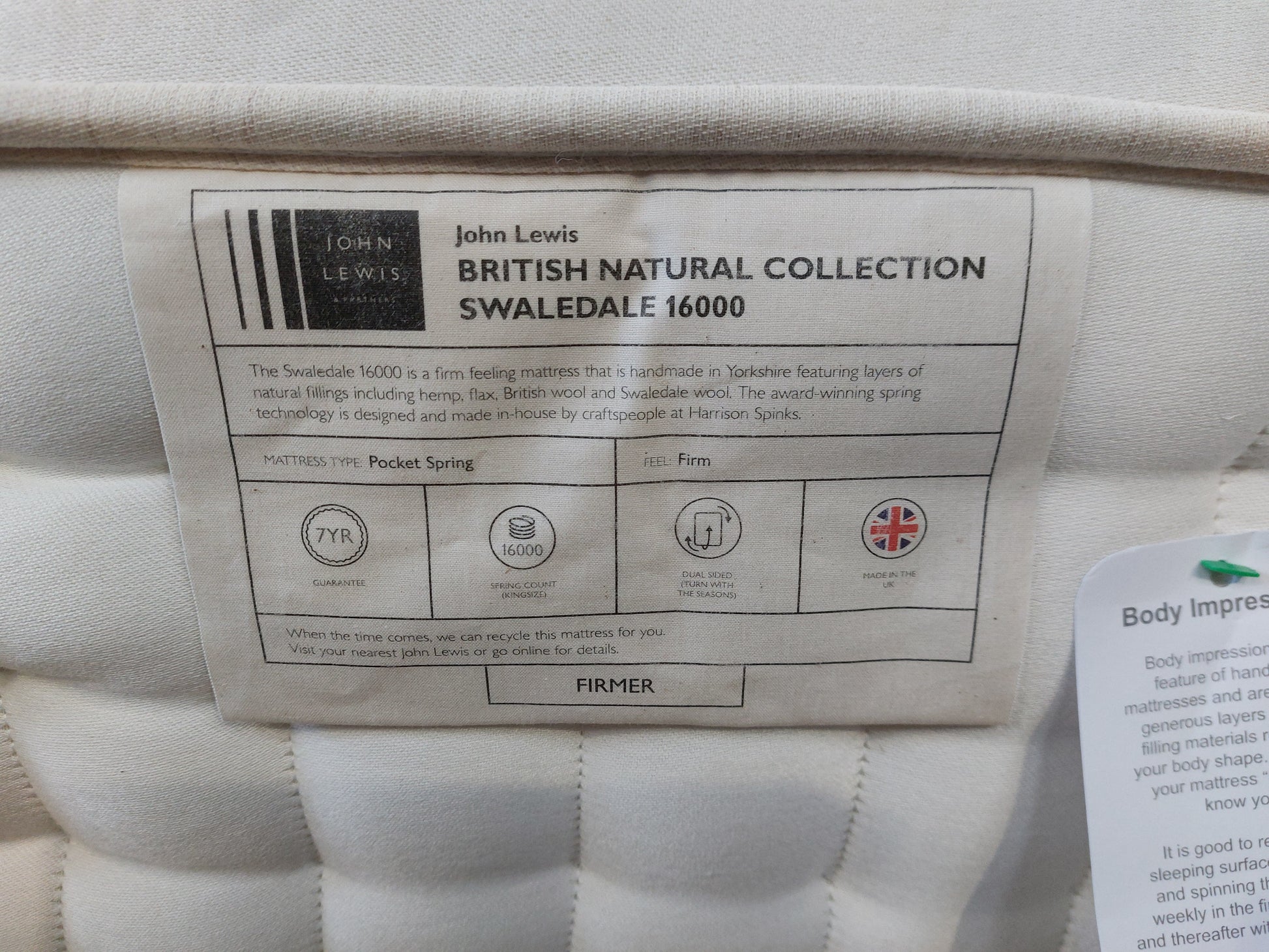 John Lewis British Natural Collection Swaledale 16000 Mattress, Firmer Tension, Double