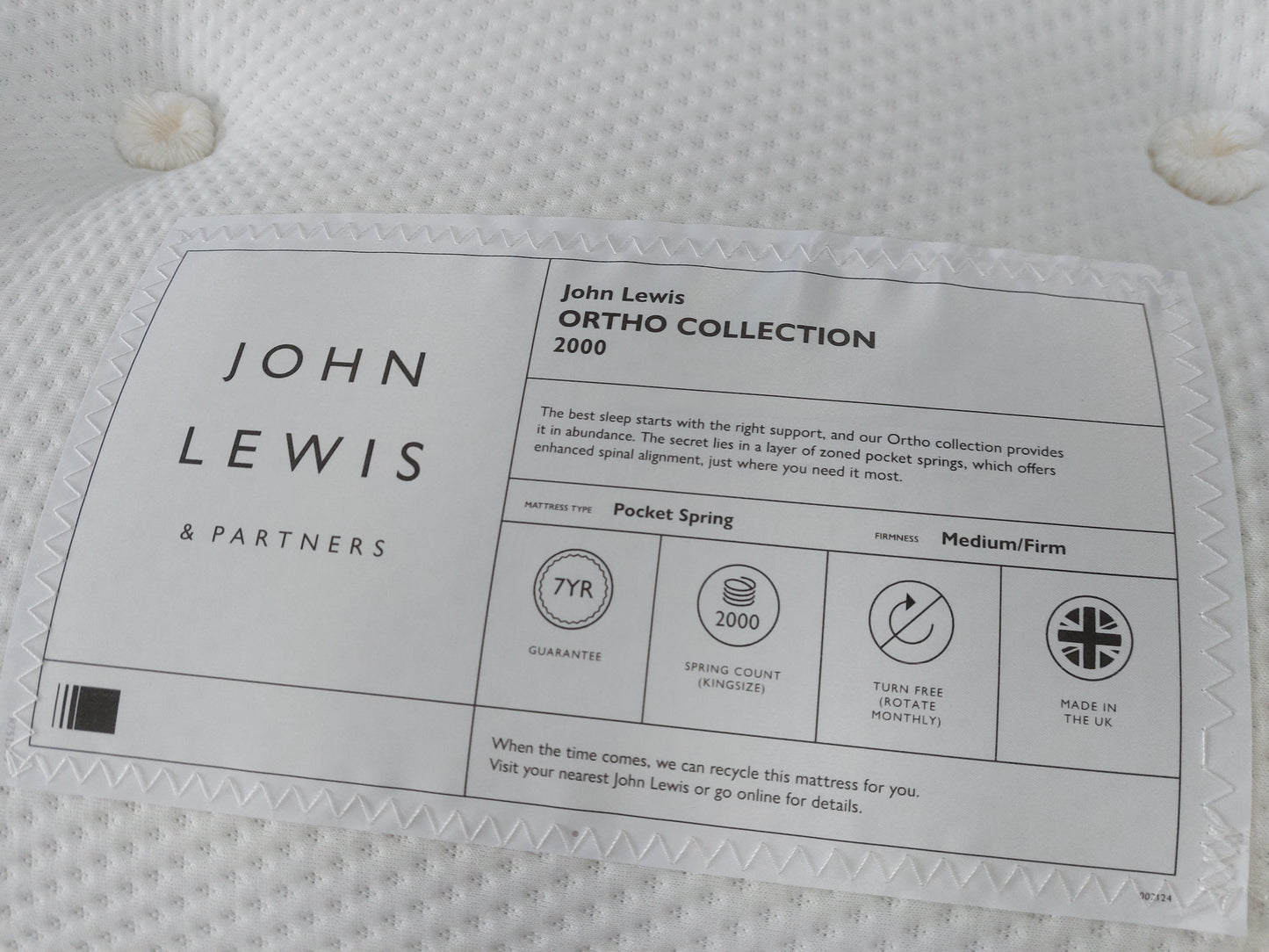 John Lewis Ortho Pocket Collection 2000 Pocket Spring Mattress, Medium/Firm Tension, King Size