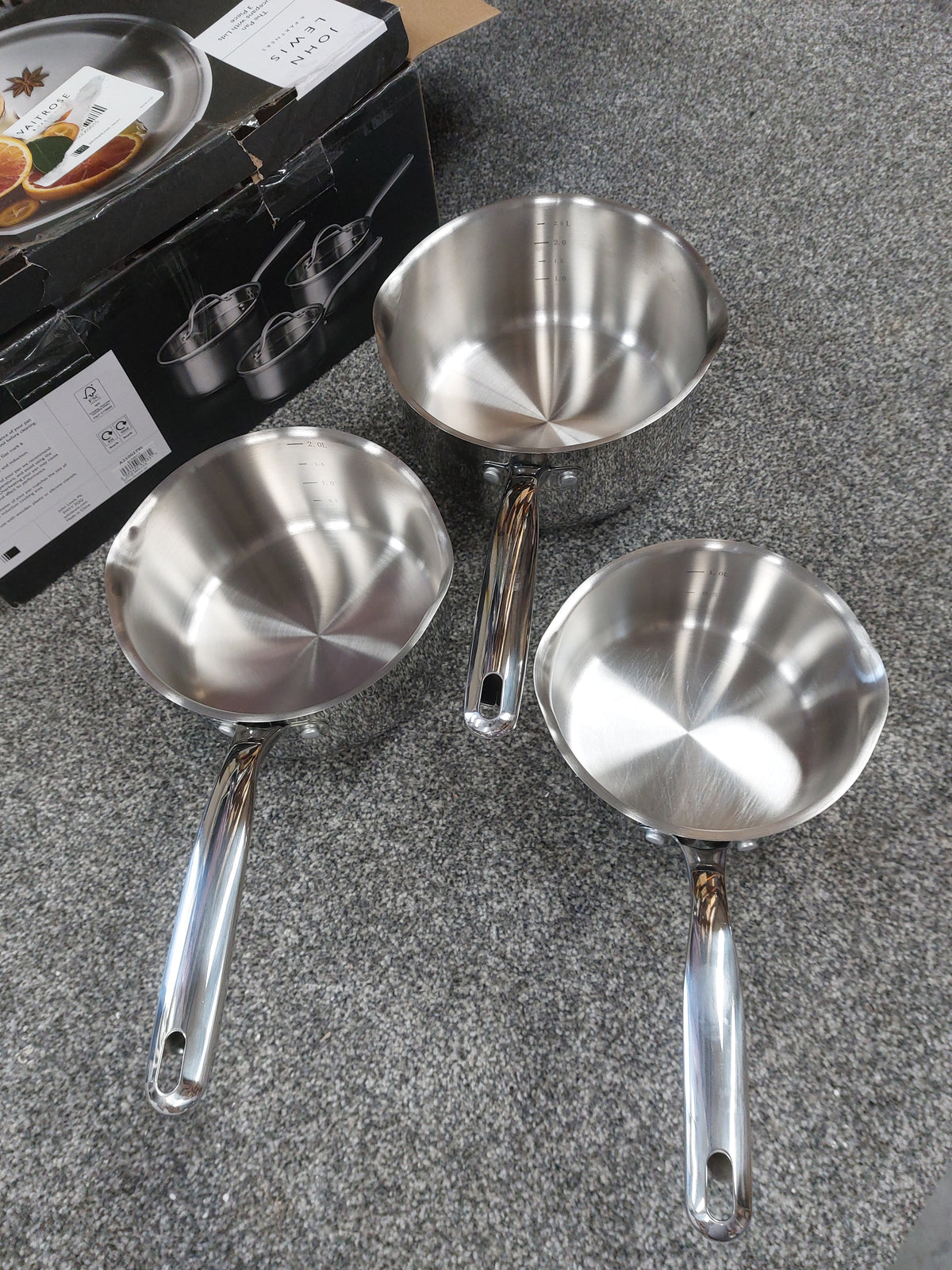 John Lewis 'The Pan' Stainless Steel Uncoated Saucepan Only Set, 3 Piece (No Lids Included)