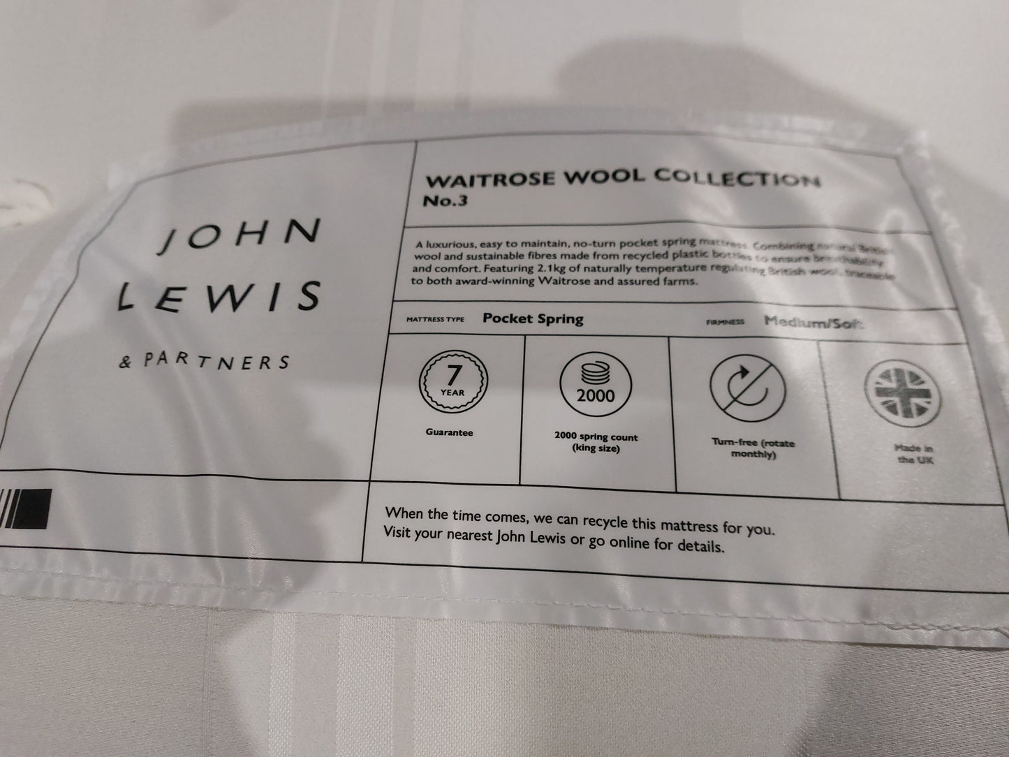 John Lewis Waitrose Wool NO. 3 Pocket Spring Mattress, Soft/Medium Tension, King Size