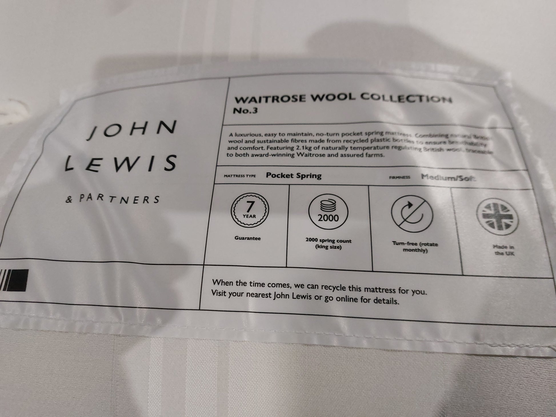 John Lewis Waitrose Wool NO. 3 Pocket Spring Mattress, Soft/Medium Tension, King Size