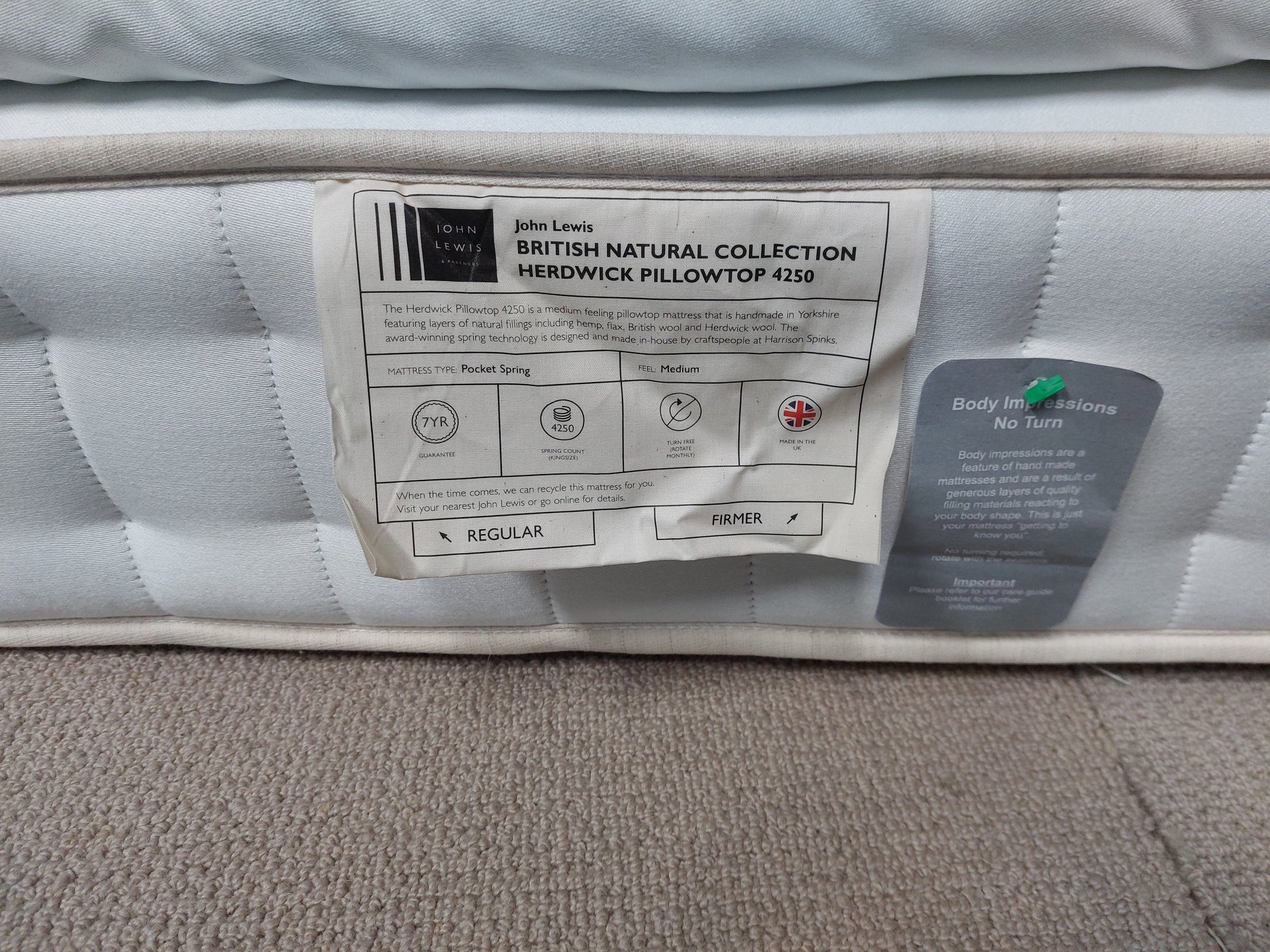 John Lewis Mattress British Natural Herdwick Pillowtop 4250 King Size Regular Firmer Tension Pocket Spring
