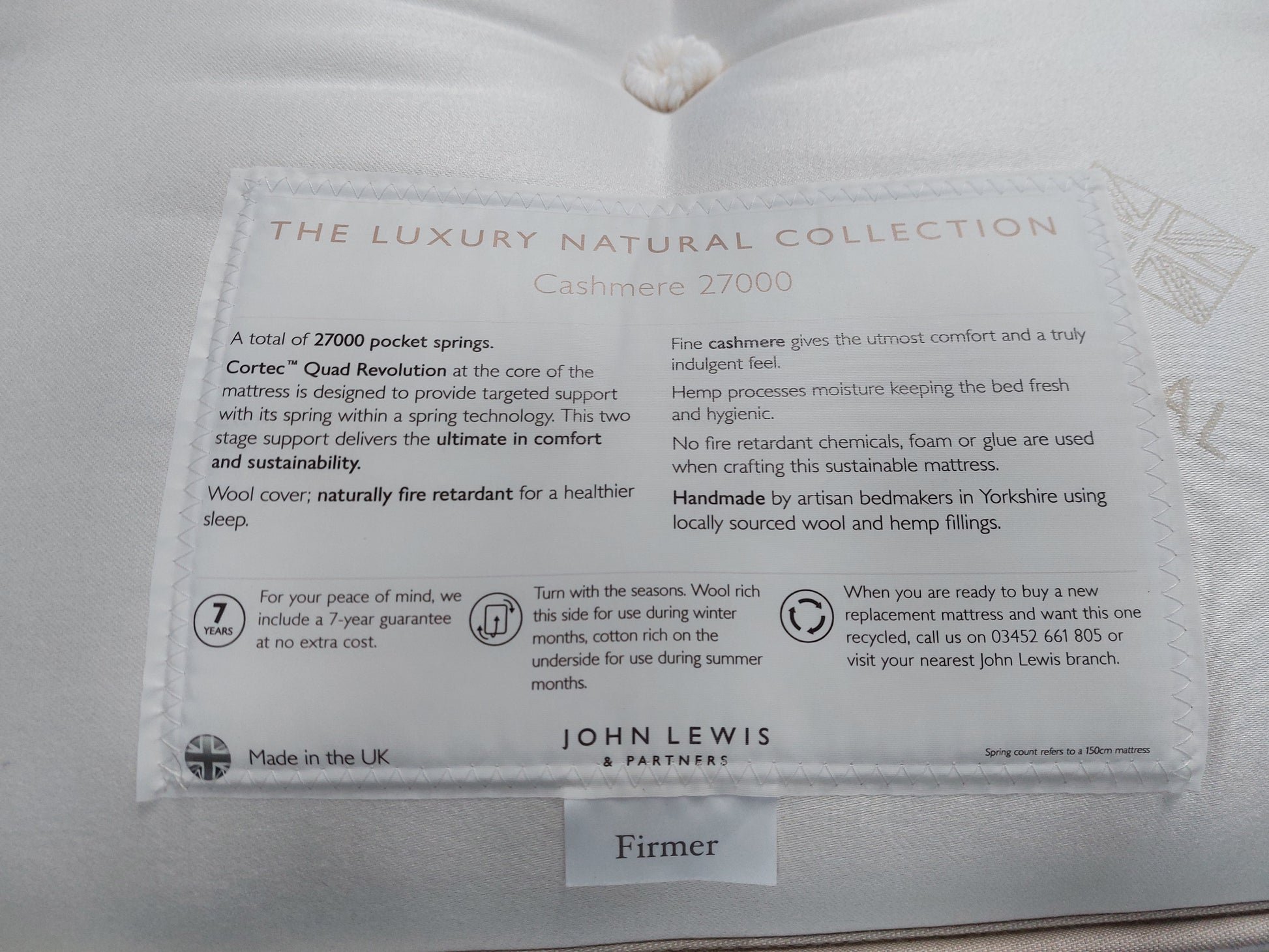 JOHN LEWIS Cashmere 27000 Mattress ZIP LINK 180 x 200cm Superking Pocket