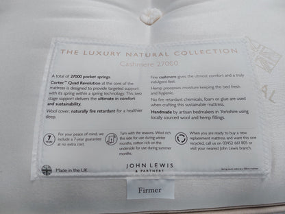 JOHN LEWIS Cashmere 27000 Mattress ZIP LINK 180 x 200cm Superking Pocket