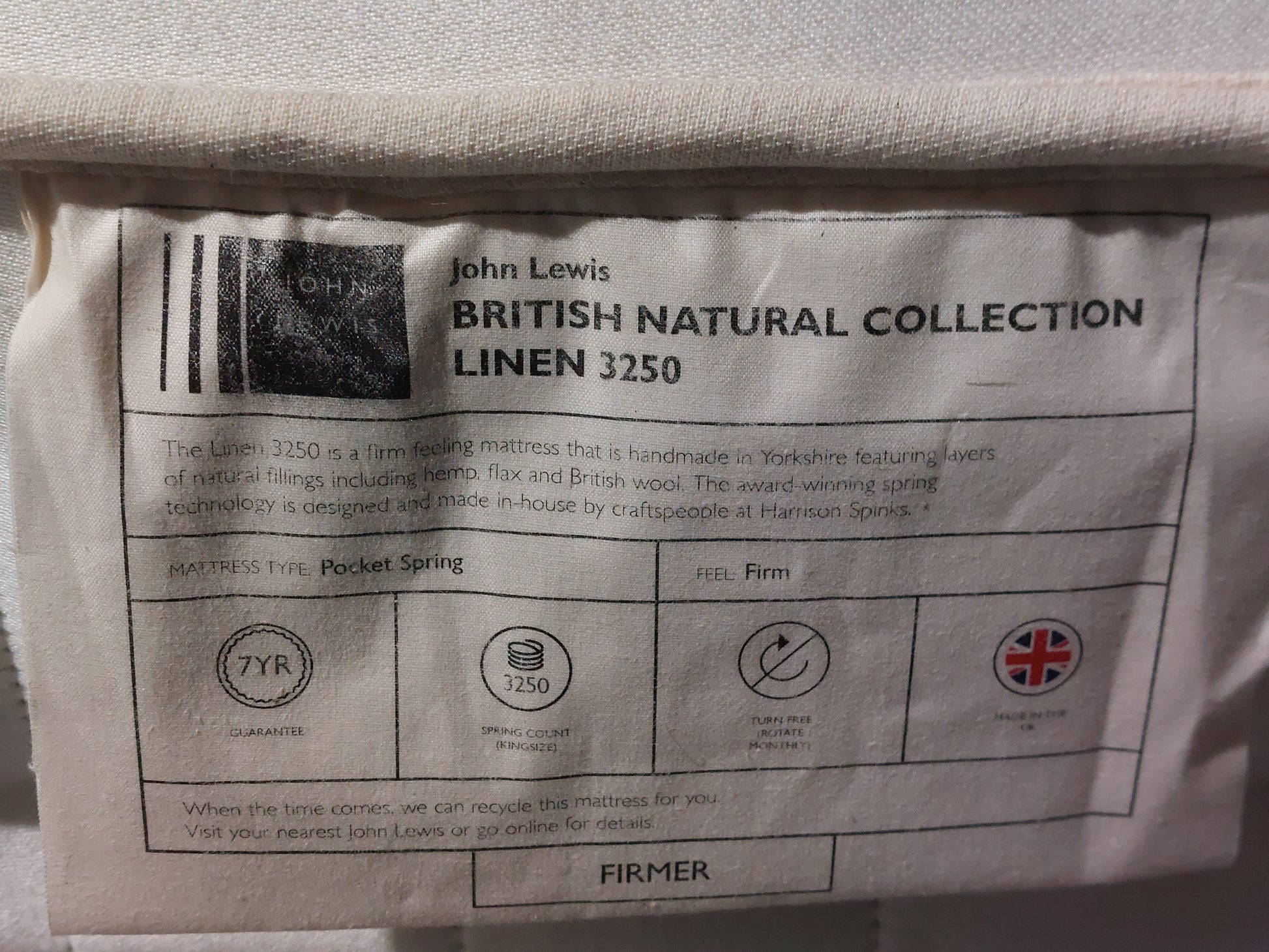 John Lewis British Natural Collection Linen 3250 Mattress, Firmer Tension, King Size