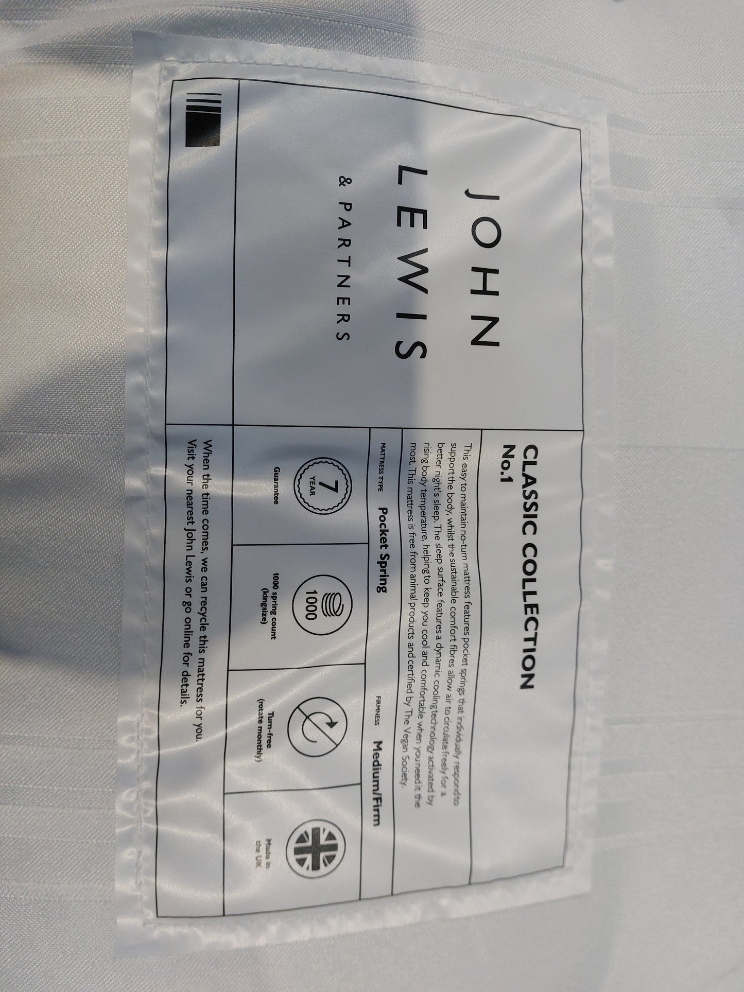 John Lewis Classic NO. 1 Pocket Spring Mattress, Medium/Firm Tension super King Size