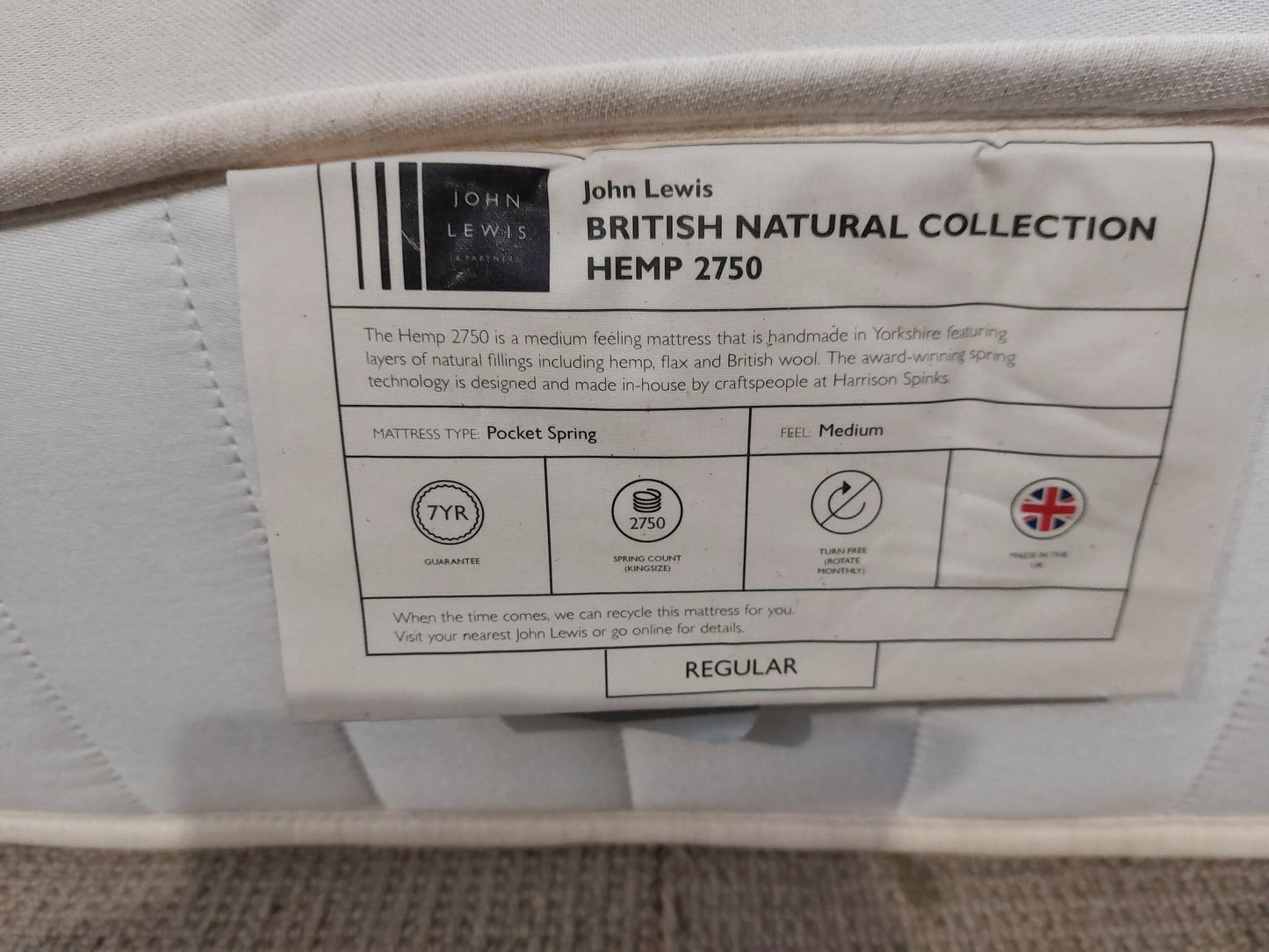 John Lewis British Natural Hemp 2750 Mattress Regular Double Bedroom