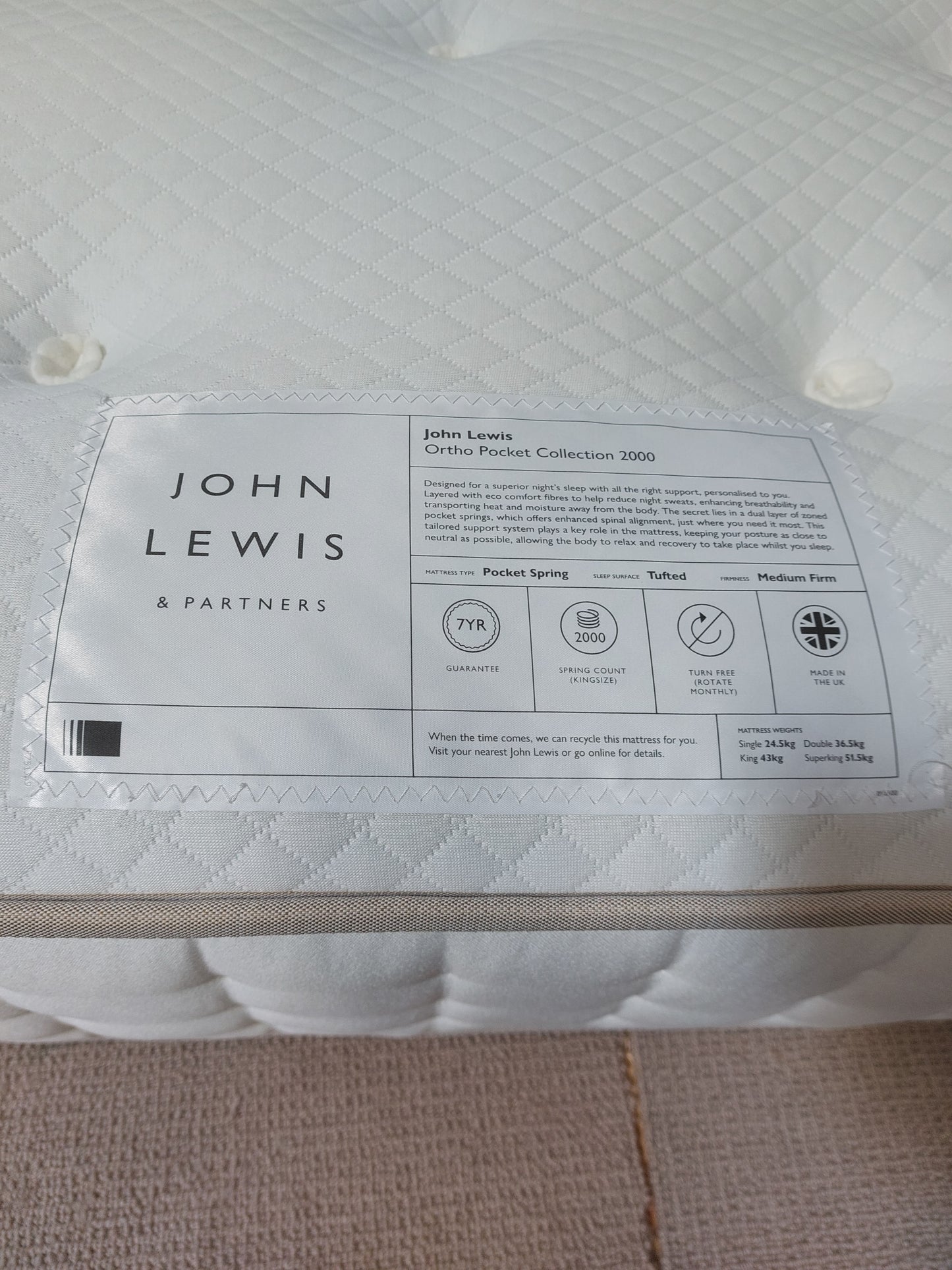 John Lewis Ortho Pocket Collection 2000 Pocket Spring Mattress, Medium/Firm Tension, King Size
