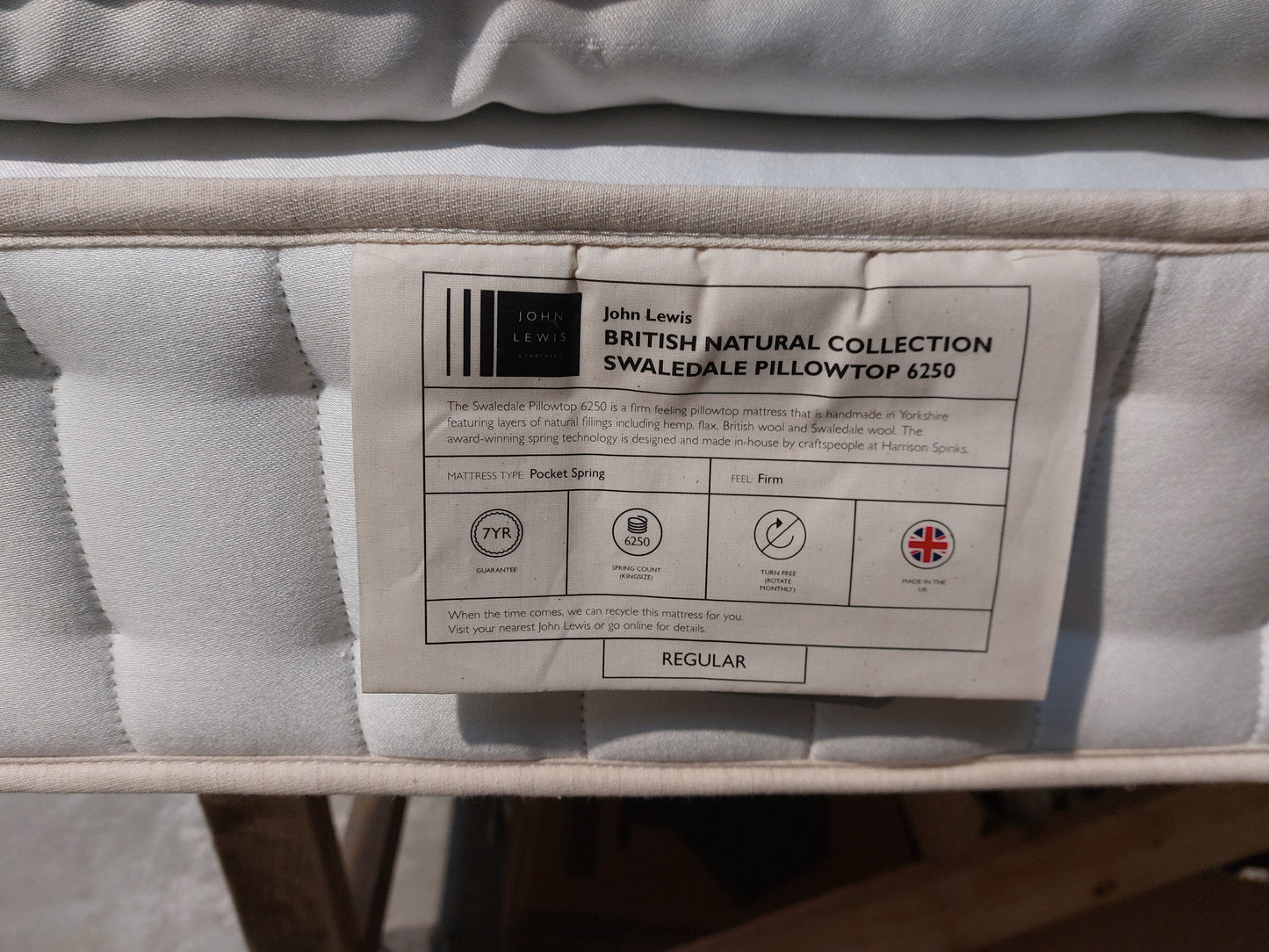 John Lewis British Natural Collection Swaledale Pillowtop 6250 Mattress, Regular Tension, King Size