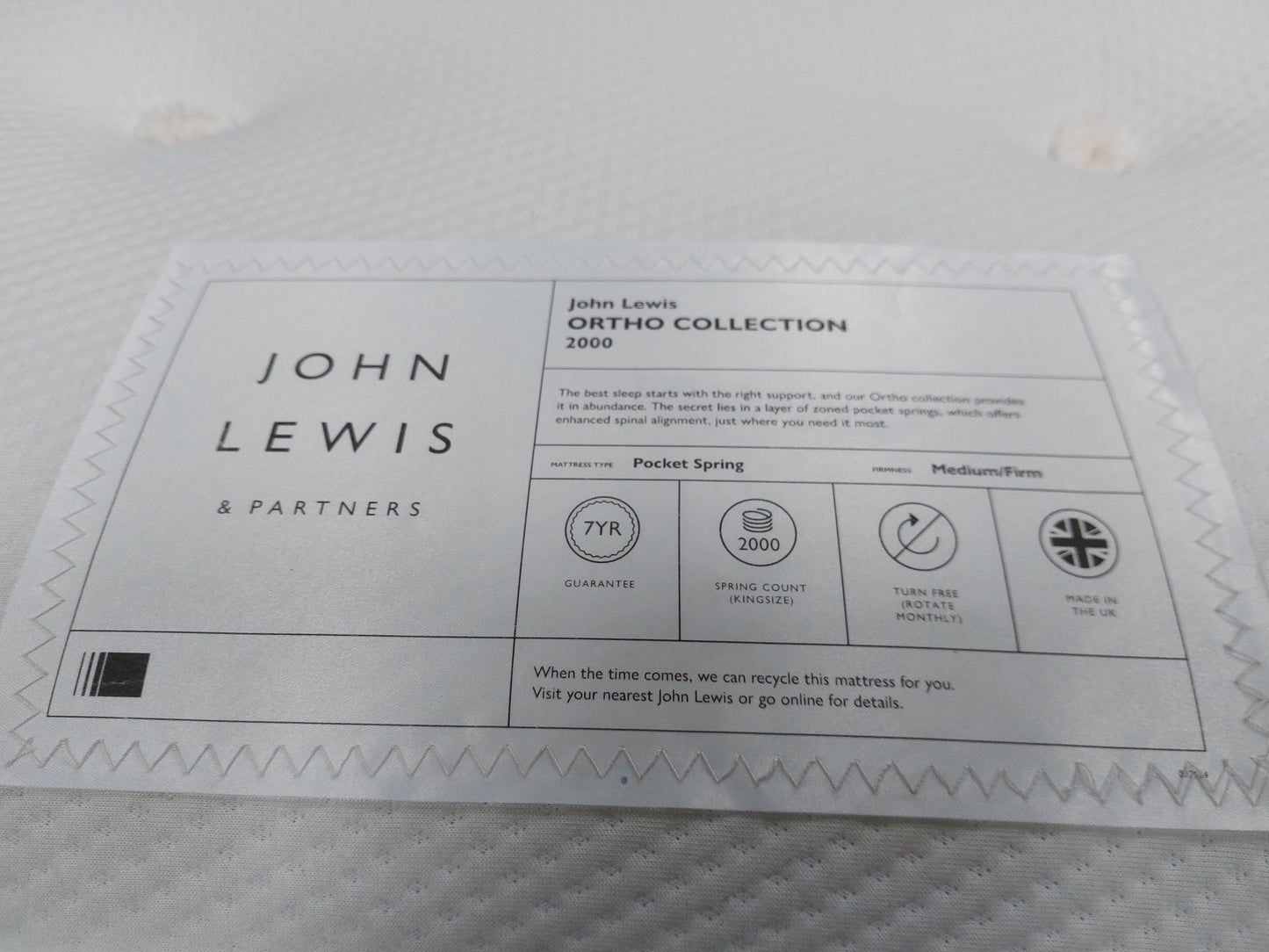 John Lewis Ortho Pocket Collection 2000 Pocket Spring Mattress, Medium/Firm Tension, Single