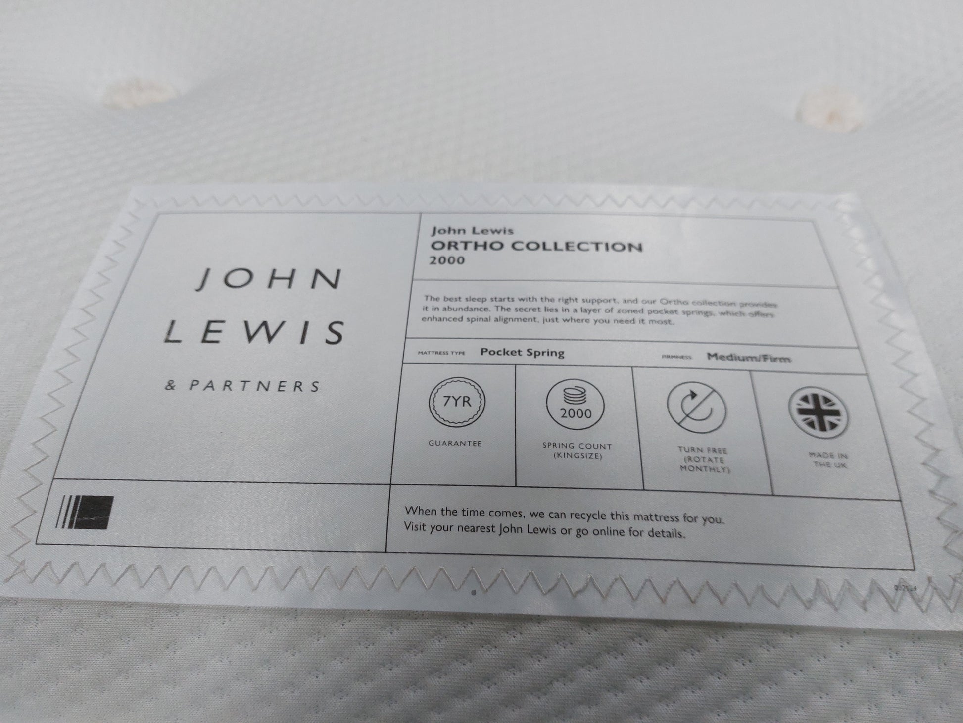 John Lewis Ortho Pocket Collection 2000 Pocket Spring Mattress, Medium/Firm Tension, Single