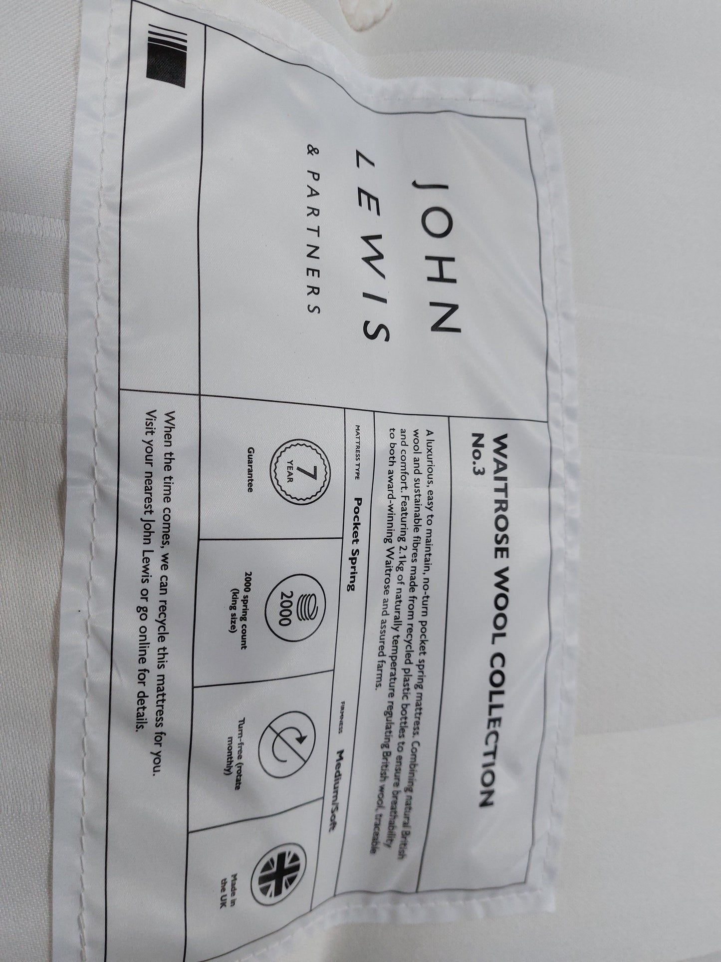 John Lewis Waitrose Wool NO. 3 Pocket Spring Mattress, Soft/Medium Tension, Small Double